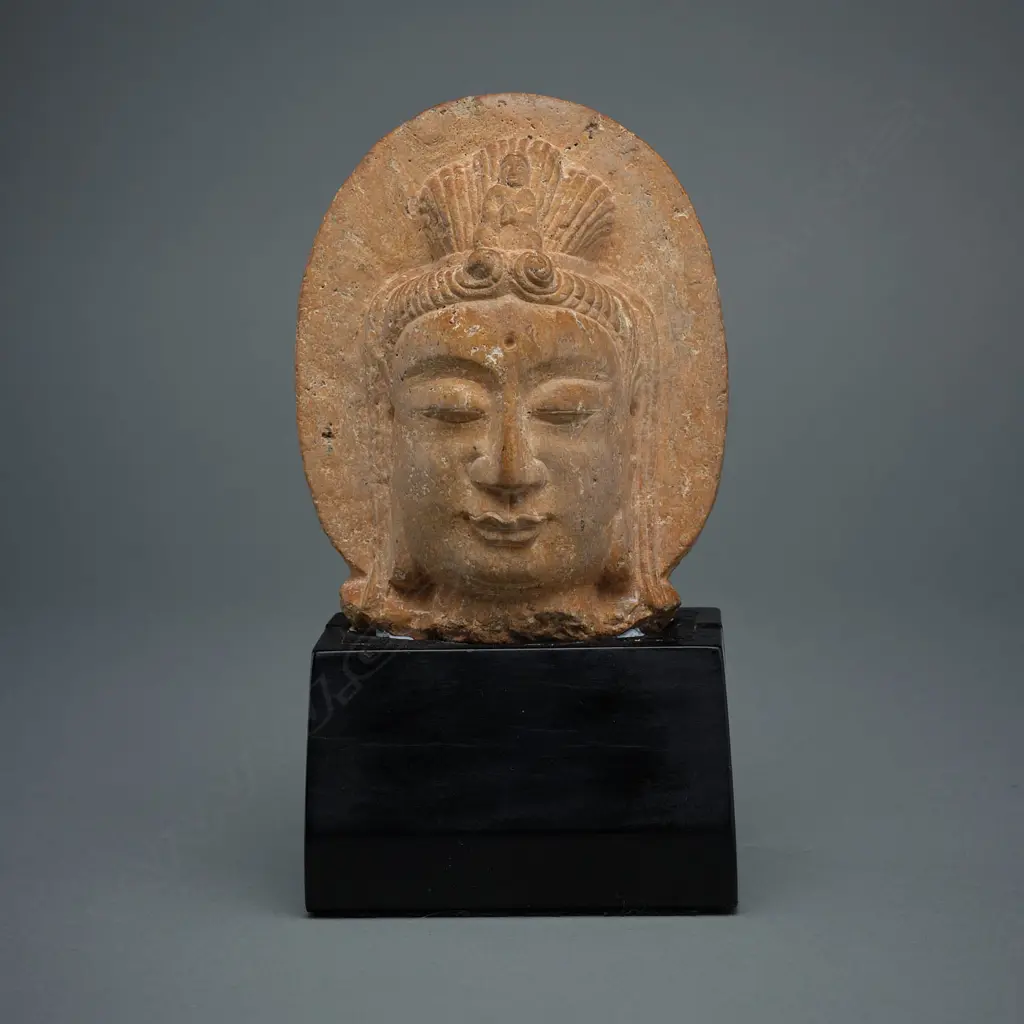 Gandhara style pink sandstone head of Bodhisattva, Image 1++